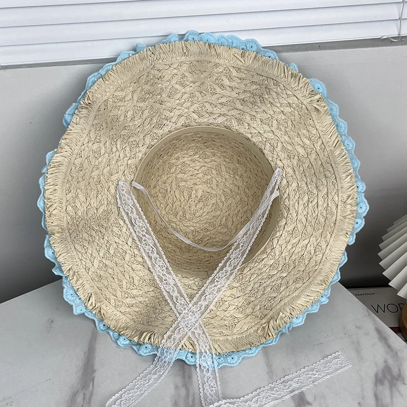 Women's Lace Trim Daisy Straw Hat Wide Brim Sun Hat Beach Vacation UV Protection