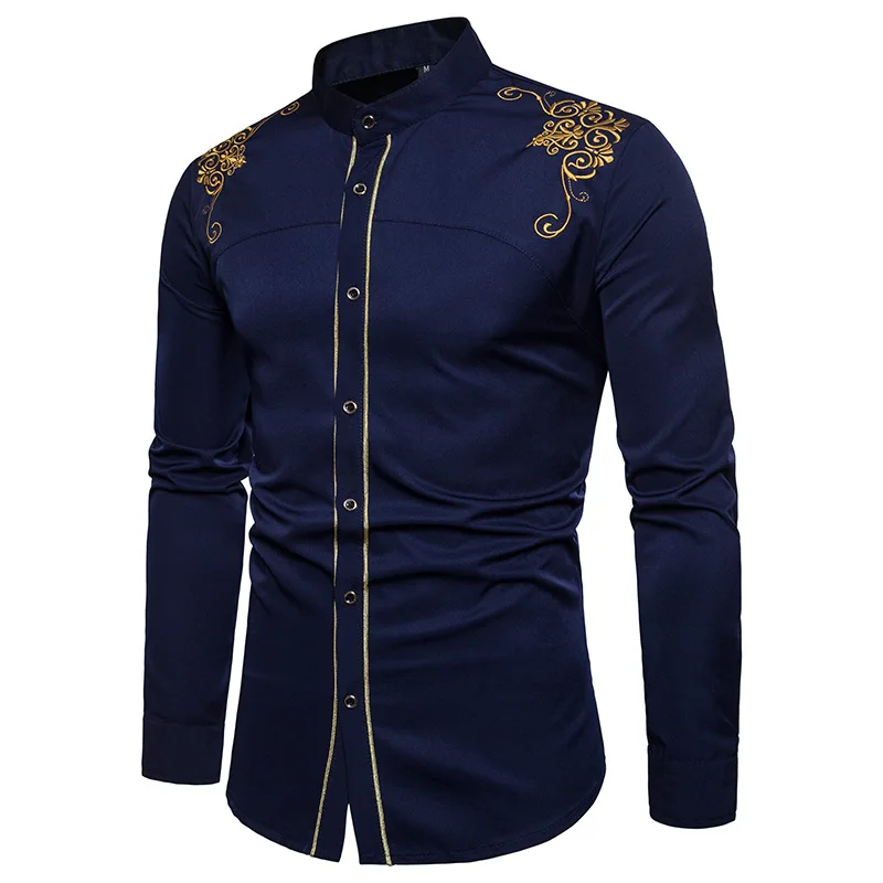 Western Cowboy Embroidery Shirts Men Casual Long Sleeve Slim Fit Shirt Male Wedding Party Social Men\'s Club Prom Chemise Homme