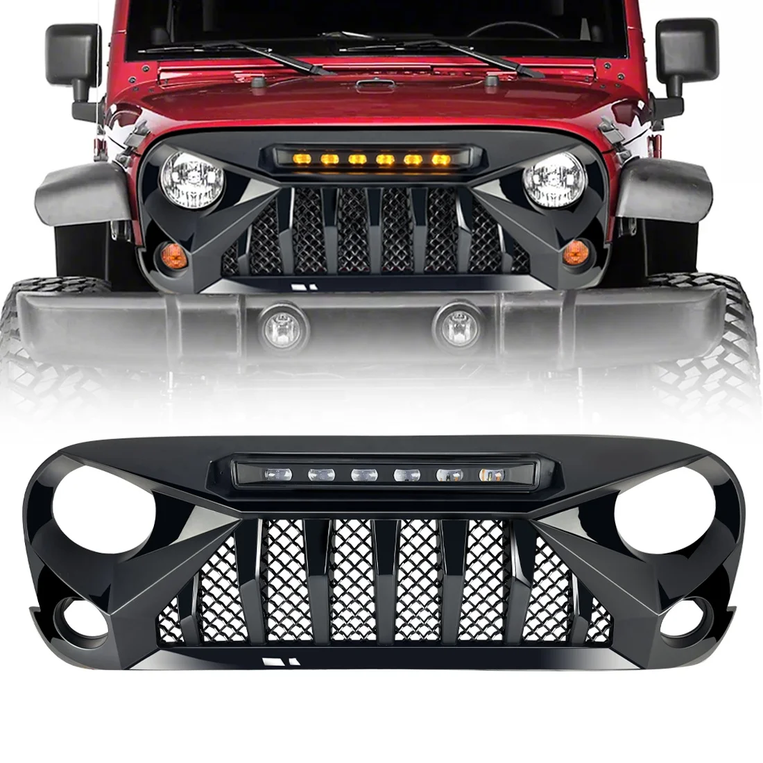 Goliath Grille With Led Amber Lights For 07-18 Jeep Wrangler JK - Glossy Black