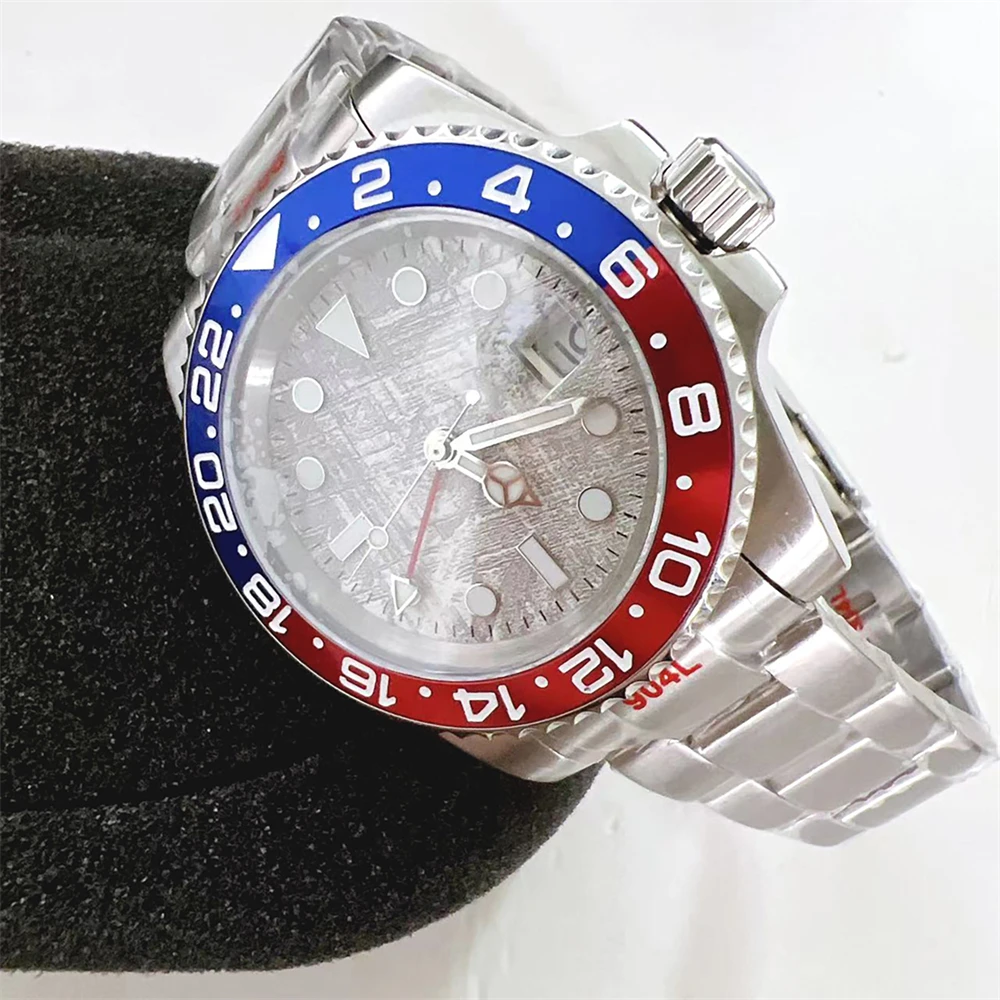 Orologio meccanico automatico da uomo da 40mm blu rosso GMT lunetta specchio in vetro zaffiro con movimento Mingzhu 3804 cinturino stile ostrica