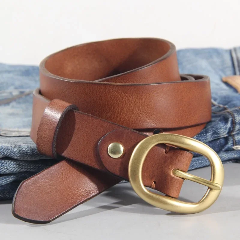 

Handmade Luxury Vintage Casual Pure Copper Pin Buckle No Laminated Leather Women's Belt 100% Genuine Leather Jeans Soft Belt