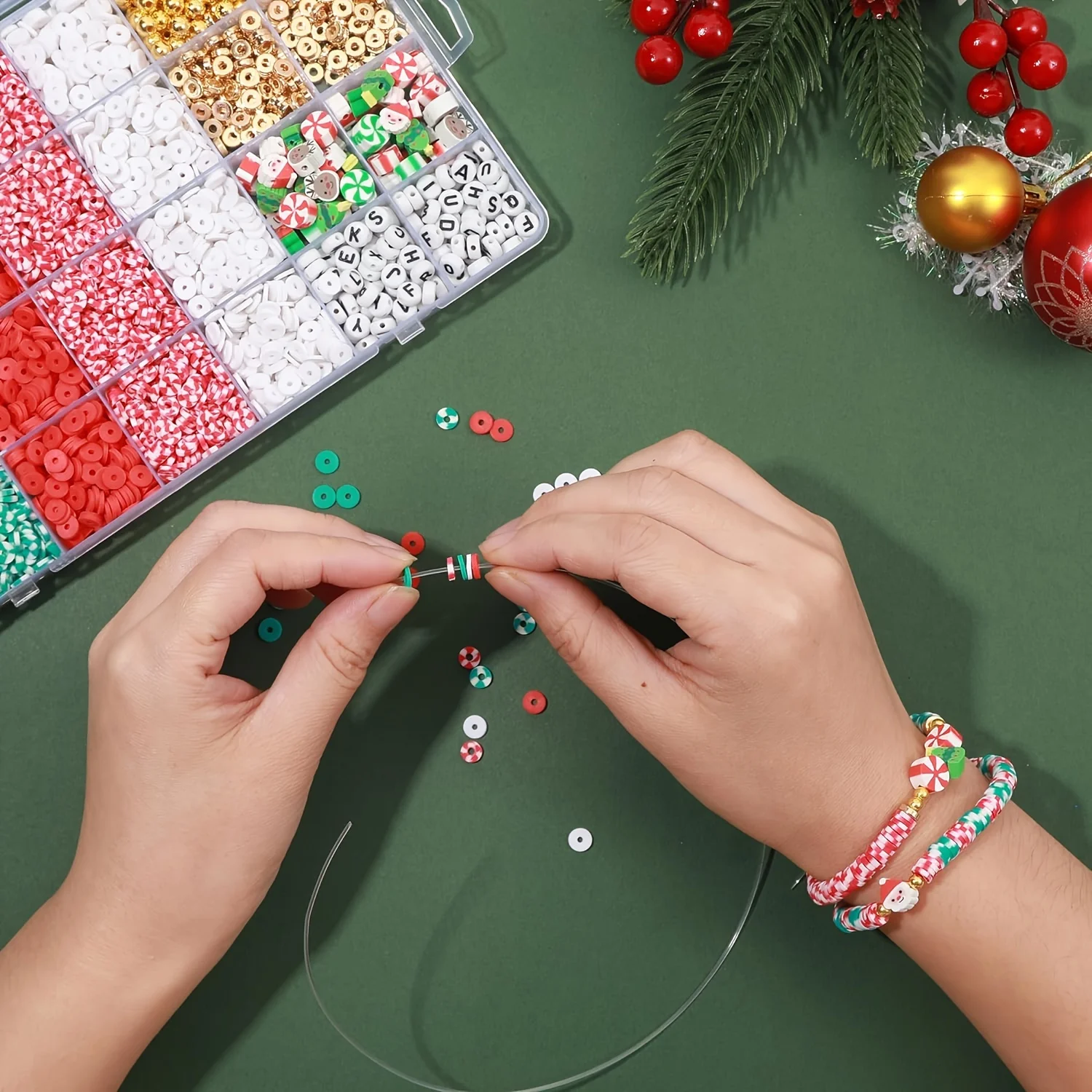 Christmas Polymer Clay Bead Kit - Flat Round & Alphabet Spacer Beads for DIY Jewelry Making, Includes Elastic Cord