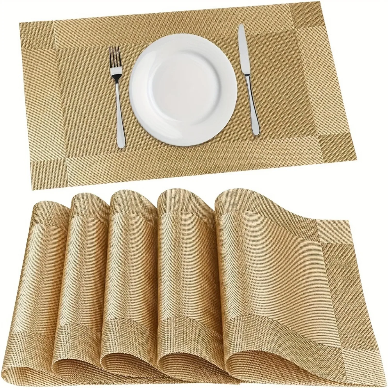 4pcs gold placemat kitchen table placemat, heat resistant non-slip stain washable PVC table mat, easy to clean woven vinyl dinne