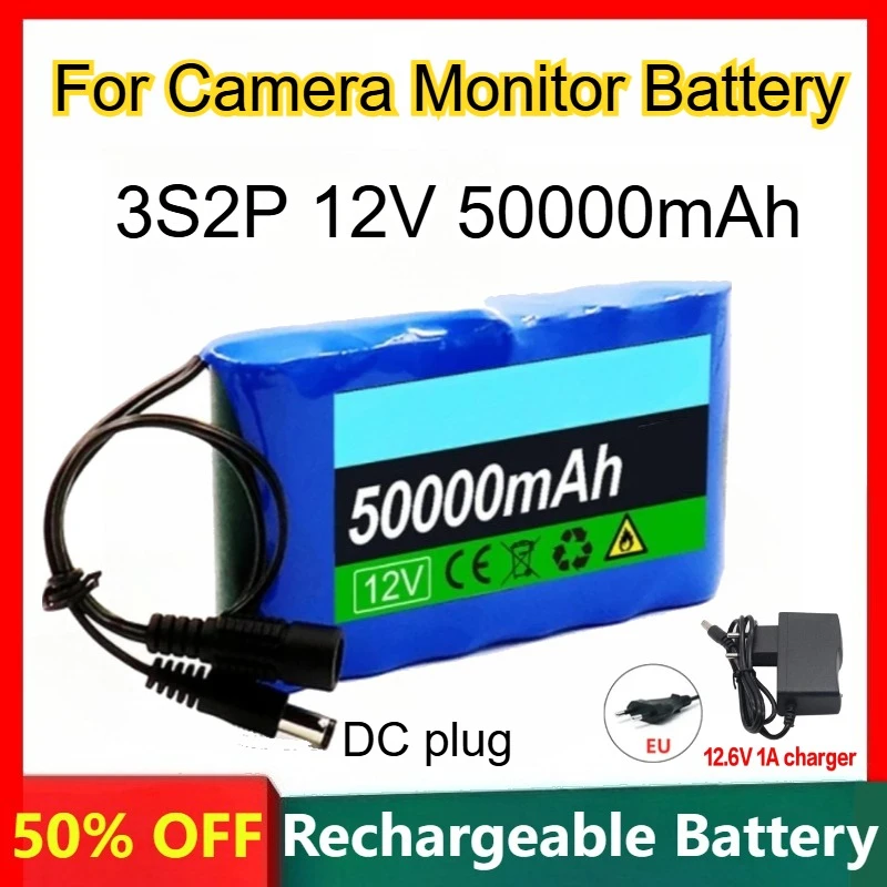 

3S2P 12V 50000mAh 18650 Lithium-ion Battery Rechargeable for Camera Monitor Battery +12.6V 1A EU Charger