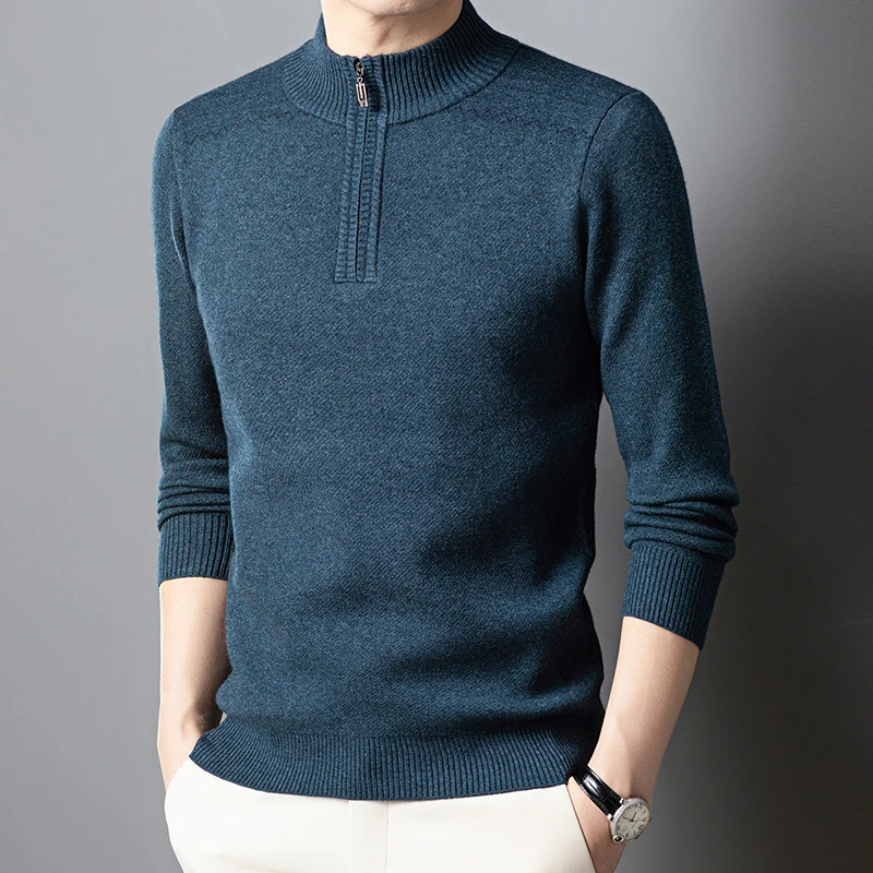 Nouveau 2025 Pure laine hommes demi-col roulé pull à glissière automne et hiver moyen-âge épaississement