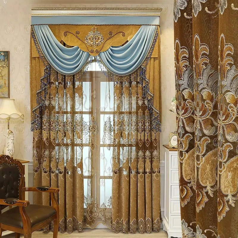 

European High-end Luxury Villa Customized Curtains for Living Dining Room Bedroomm Classic Embroidery Curtain Fabric Yarn