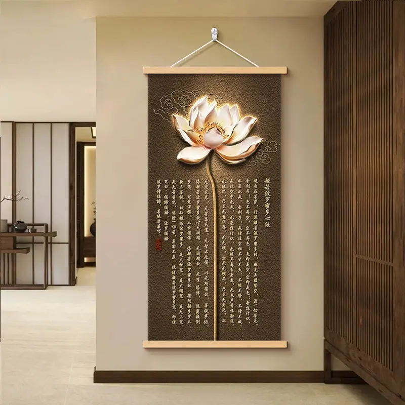 Chinese Zen Wall Art Scroll Aesthetic Room Decor Golden Lotus Heart Sutra Painting for Home Entrance Tea Room Corridor