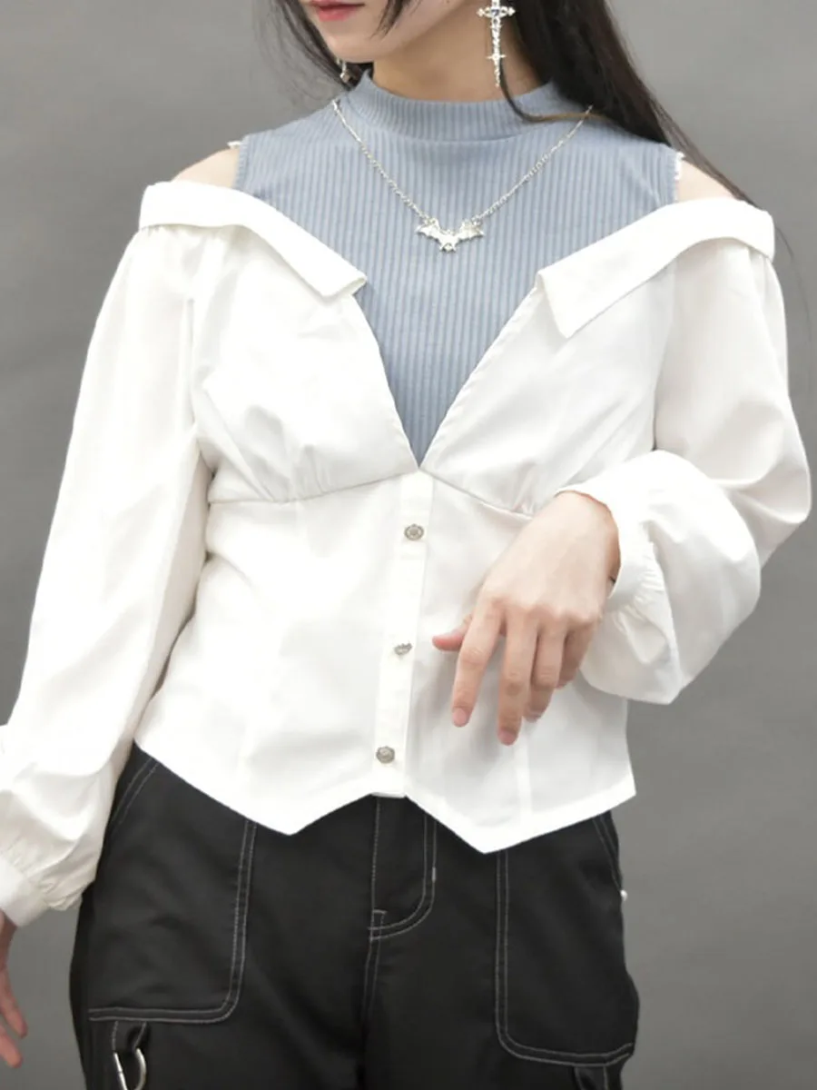 

k Sle Layered Design Fake Two-Piece oulder Bared round Ne Long Sve Women's Top Axes Femme round Ne Polyester Blend