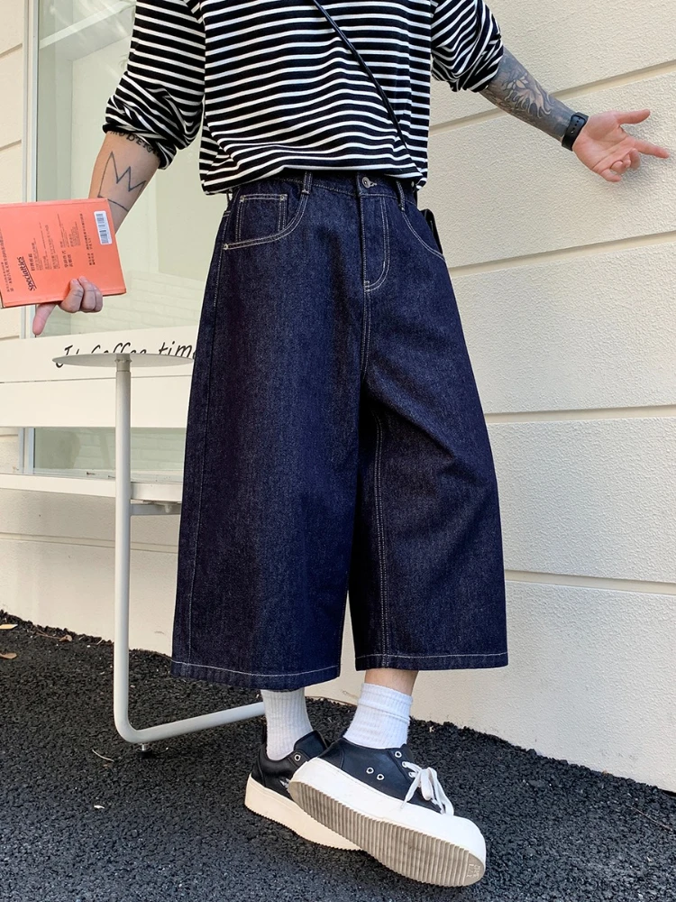 

Men's Dark Blue Baggy Denim Cropped Pants Summer Casual Wide Leg Jeans Korean Style Streetwear Loose Fit Fashion Daily Trousers