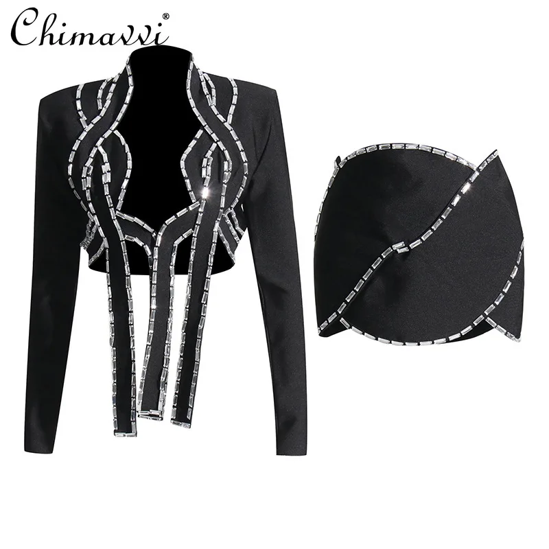 

Fashion Black Suit Women Spring Autumn New Exquisite Rhinestone Short Long-Sleeved Jacket Skirt Slim Fit Ladies Two-Piece Sets