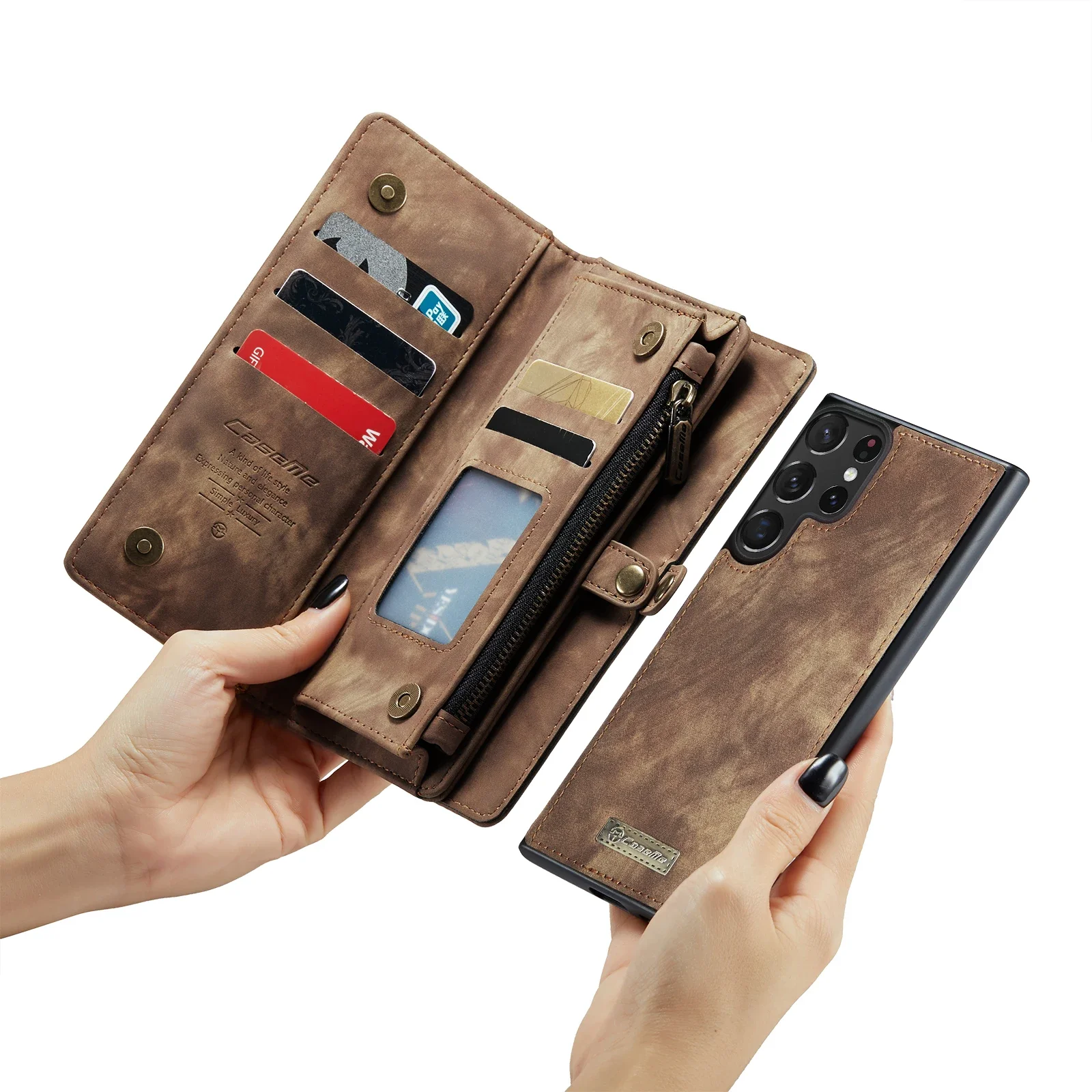 2 in 1 Cards Bag Zipper Wallet PU Leather Case for Samsung S25 edge S24+ S23 S22 FE S21 Plus A34 A54 A52 A53 Note20 Purse Cover