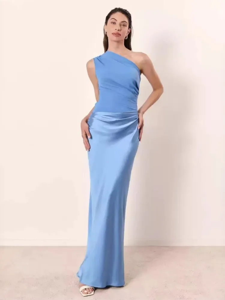 

Patchwork Satin Sexy Slim Dress Women Slant Collar Sleeveless Evening Maxi Dress 2026 New Summer Elegant Party Clubwear Dresses