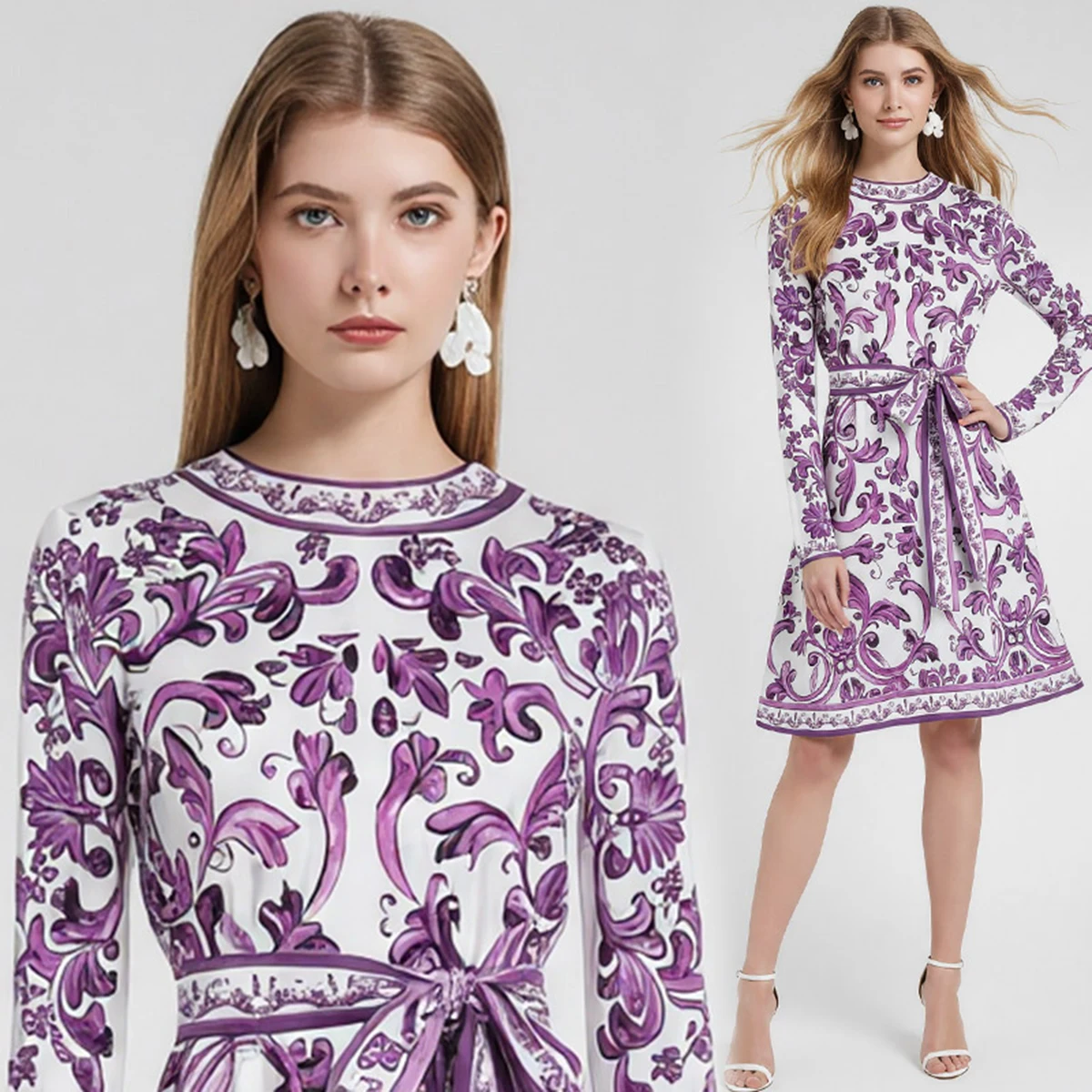 Vestido de manga corta estampado Wein con cintura alta, cuello redondo ajustado, pajarita y falda con pajarita, falda morada, noche de dama de flores