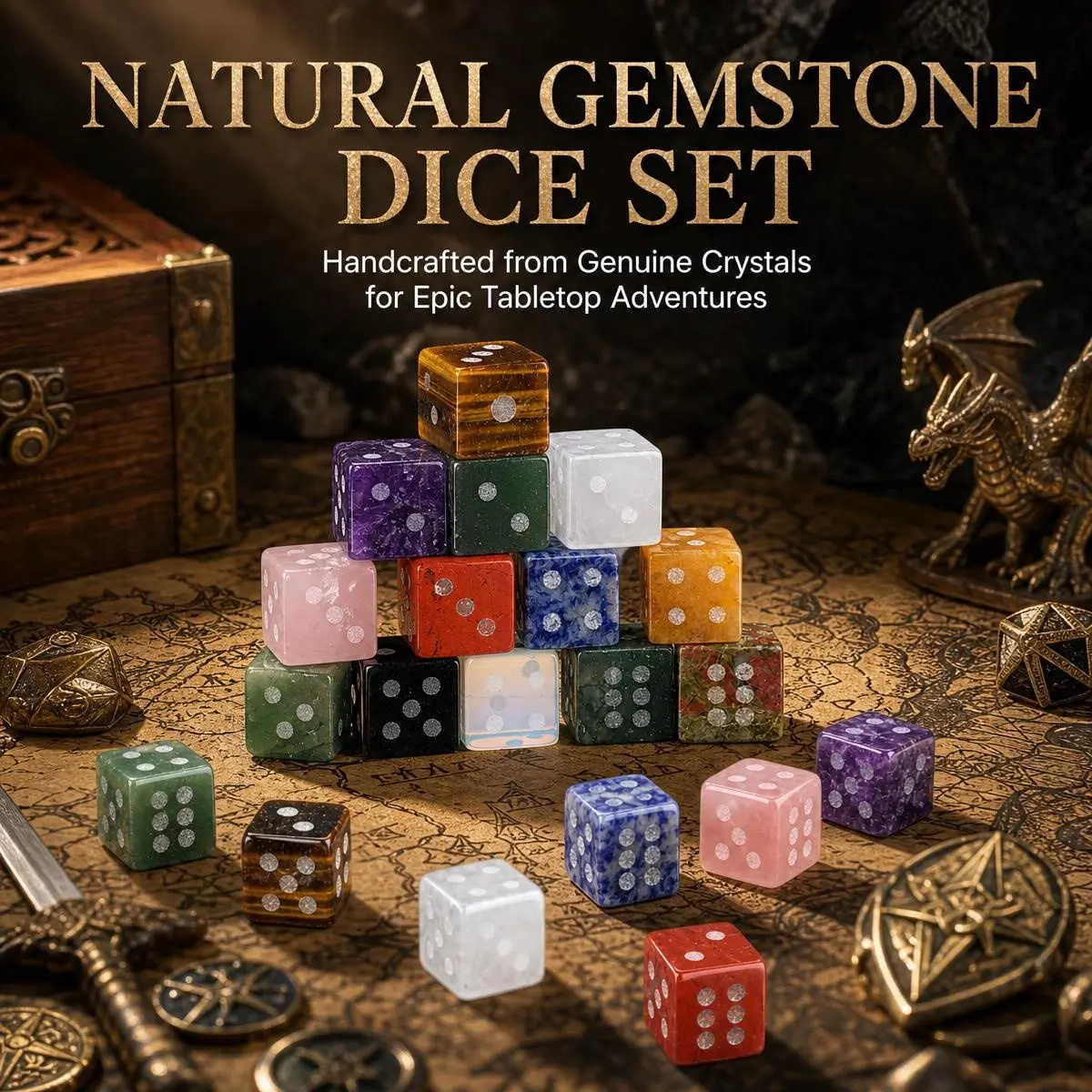 12PCS 16mm Gemstone D6 Dice Gold Pips Hand Carved 6-Sided Crystal Spot Dice for Tabletop Board Game Collection Wholesale