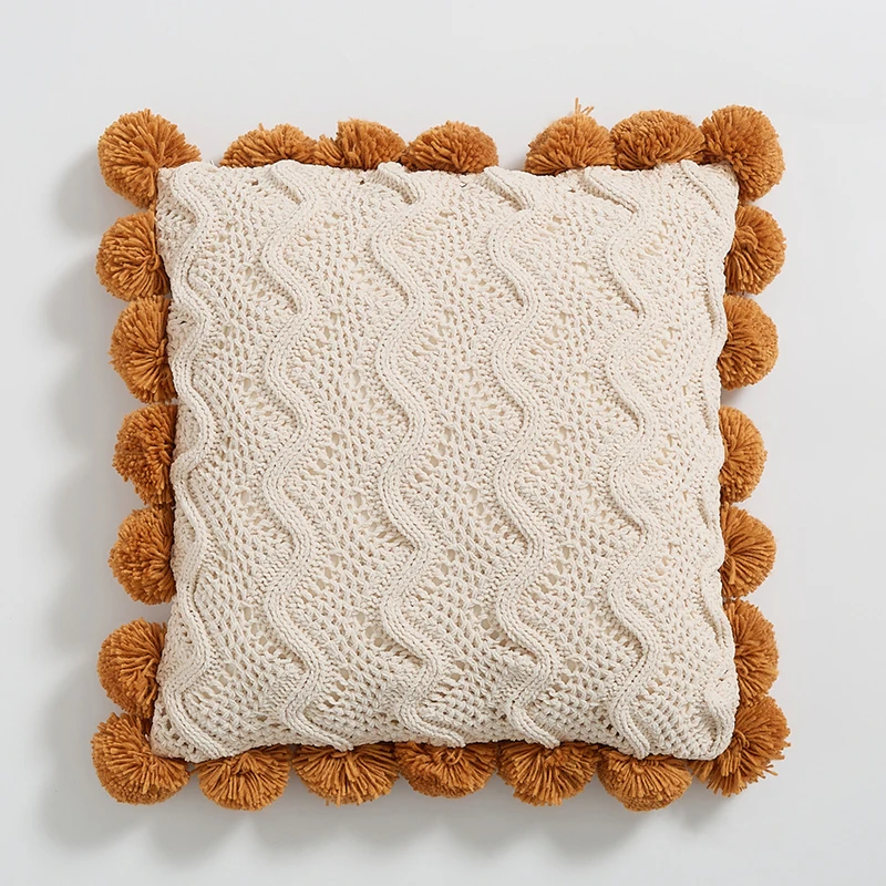 Soft Cushion Cover Pompom Ball Ivory Burnt Orange Grey Knit Nordic Style Pillowcase 45*45cm For Sofa Bed Room Home Decorative