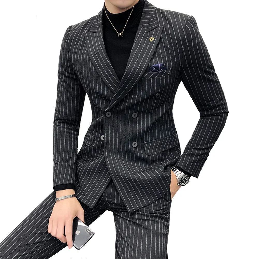 ( Jacket + Pants ) High-end Fashion Striped Men\'s Formal Double-breasted Business Suit Groom Wedding Dress Mens Suit 2 Piece Set