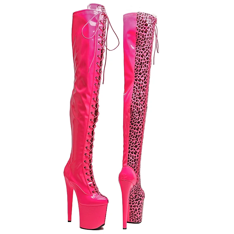 Leecabe  20CM/8inches Shiny Patent PU  with Leopard Fashionable and sexy  High Heel platform Boots Pole Dance boots