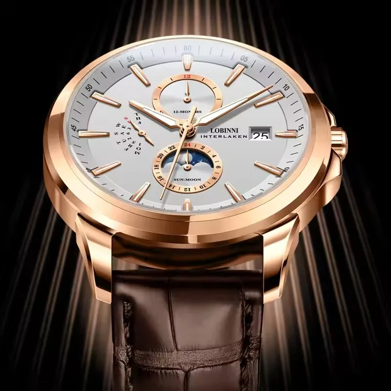 LOBINNI Designer Männer Automatische Mechanische Uhren Mondphase Datum Woche Männer Armbanduhr Wasserdicht Saphirglas Uhren