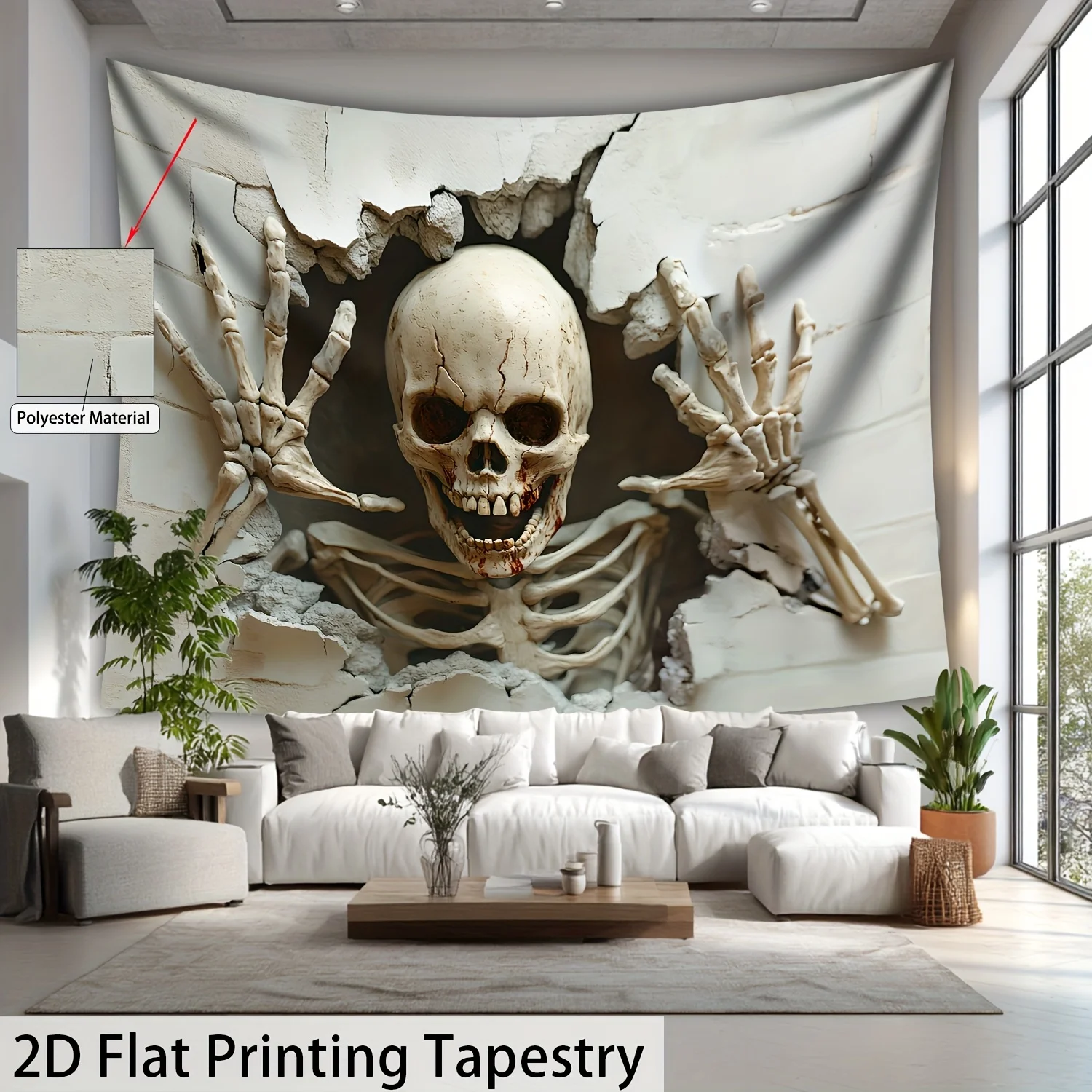Halloween Skeleton Cave Tapestry, Large 2D Flat Print HD Digital Print Polyester, Gothic Horror Wall Art for Home Decor