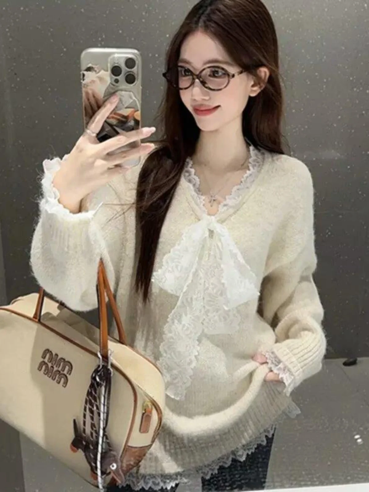 

Сладкий и пряный кружевной свитер с узлом, женский свободный мягкий вязаный свитер, осень-зима, большие размеры, утягивающий корейский свитер