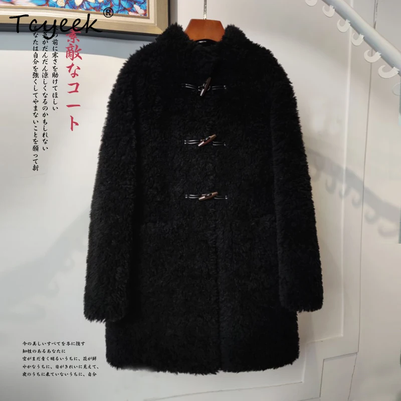 Tcyeek 100% Wool Autumn Winter Korean Version Trendy Standing Collar Medium Length Women's Lamb Wool Fur Coat Fourrures Femme