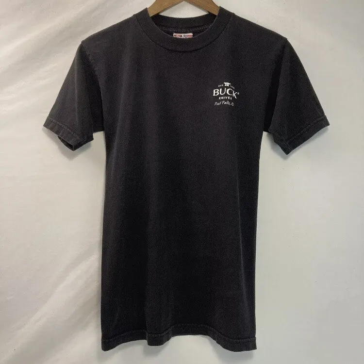 Vintage Buck Knives T Shirt Adult Size S Black Factory Tour Bayside Made In USA
