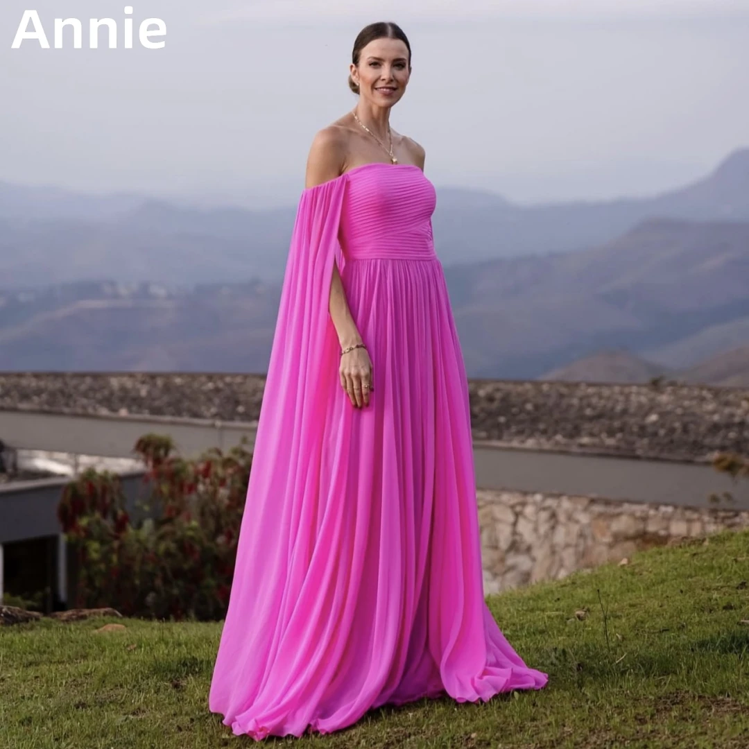 

Elegant Lady Prom Dresses Pink Off-shoulder Chiffon Evening Dress Vestidos De Noche Pleated Cloak Formal Occasion Party Dress