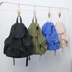 Fashionable pleated drawstring nylon backpack for women large capacity flip top student backpack college student backpack