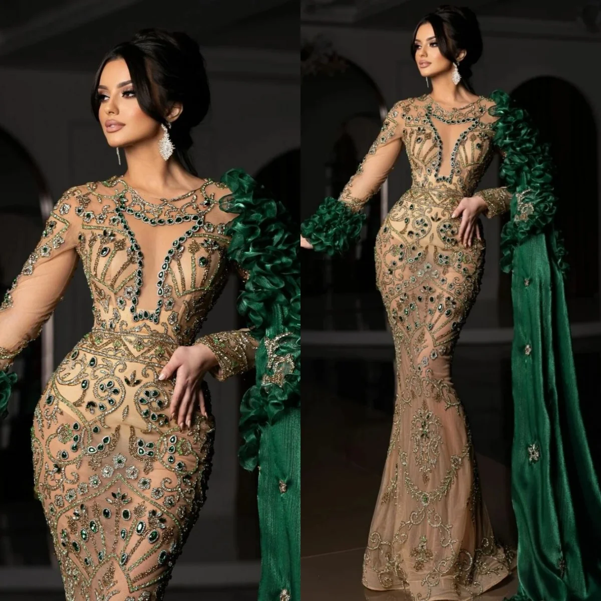 Exquisite Evening Dresses Crystal See Through Prom Dress Beaded Long Sleeves Customized Mermaid Party Gowns Vestidos De Noche