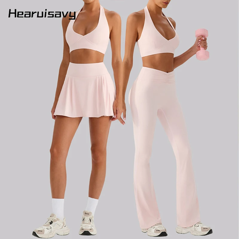 Hearuisavy 2 pièces ensemble de sport pour femmes Protection solaire jupe de Tennis à séchage rapide taille haute Yoga pantalon évasé salle de sport course short de Fitness