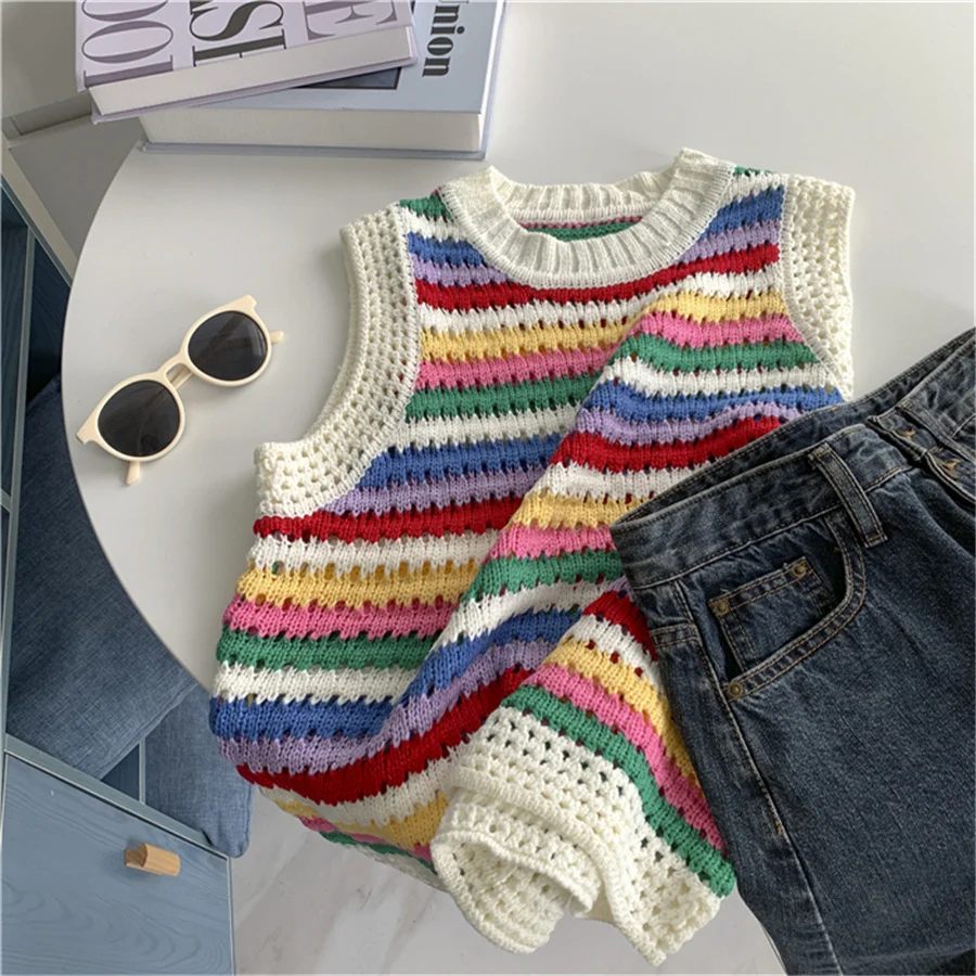 Korean Fashion Crop Sweater Women Vest Striped Casual Sweater Vest O Neck Open Sweater Vest For Women Luxury Designer Tops Knit