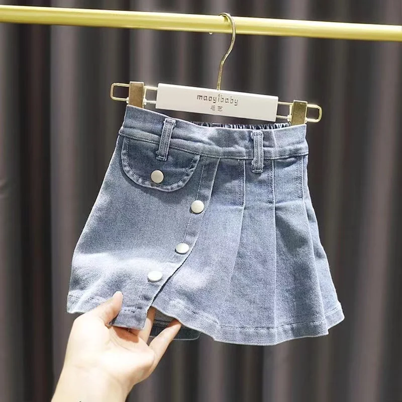 

Children Clothing Girls Skirt Korean Style Sweet Cool Girl Denim Pleated Short Skirt 2024 Spring Summer Skirt 2- 6Year