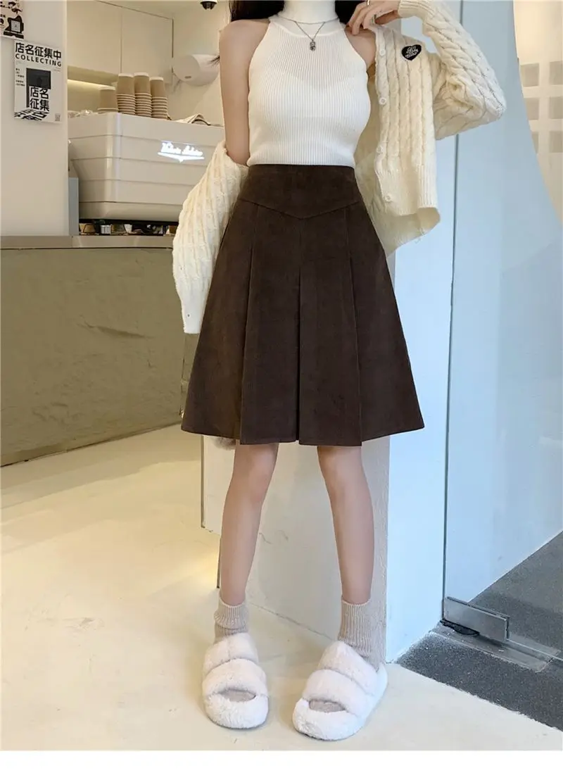 Skirt Half-body Skirt Women Autumn Winter New Middle Skirt To Knee High Waist Temperament Skirt  Corduroy Gentle