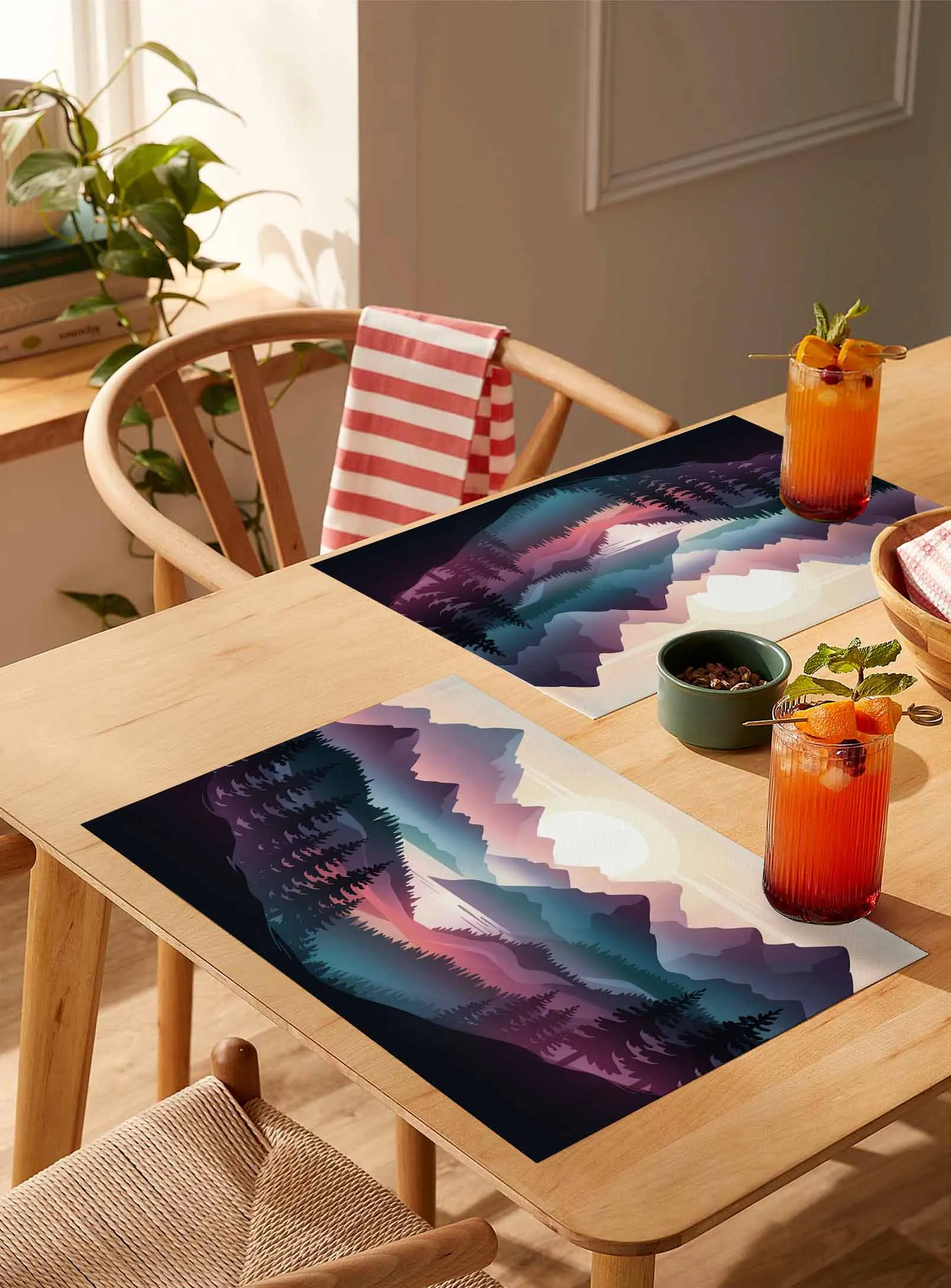 

4/6 Pcs Mountain Sunrise Landscape Placemat Wedding Party Dining Decor Linen Table Mat Kitchen Accessories