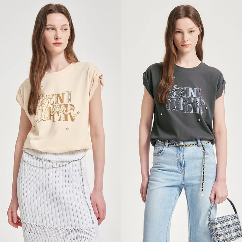 

MICOAT Casual Style Embroidered Letter Print Patchwork Short Sleeve Cuffed T-Shirt Women's Summer Fashion Top round Neck