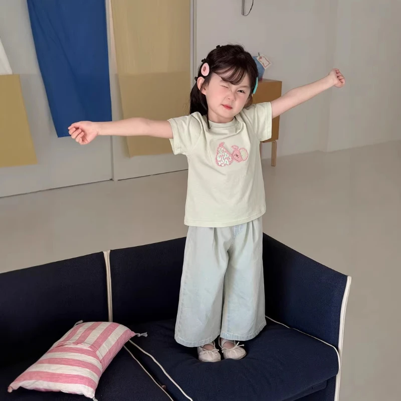 

2026 Summer New Hot Selling Round Neck Cotton Solid Color Hook woven Apple Pattern T-shirt Top