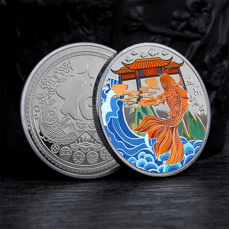 Colorful Chinese Coins Lucky Carp Leaping Dragon Gate Commemorative Metal Plated Gold Coin for Luck Mascot Souvenir