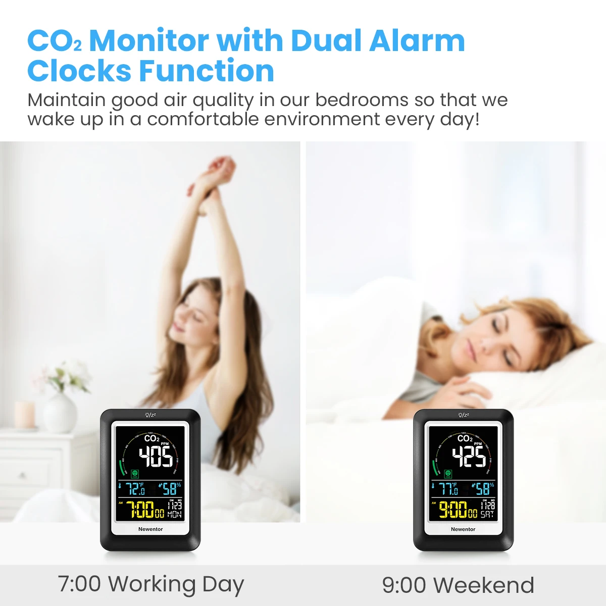 Newentor CO2 Detector Carbon Dioxide Air Quality Temperature and Humidity Monitor Clock Alert Sound Huge Digital Color Screen