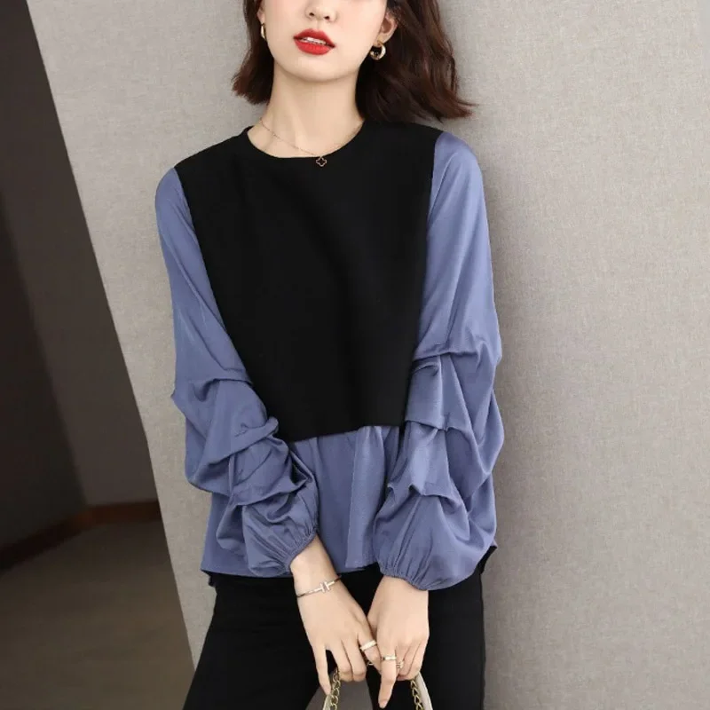 

Spring and Autumn New Loose Long Sleeve Sweater Women's Splice Fake Two Piece Reduced Edition Casual Lady Top U631