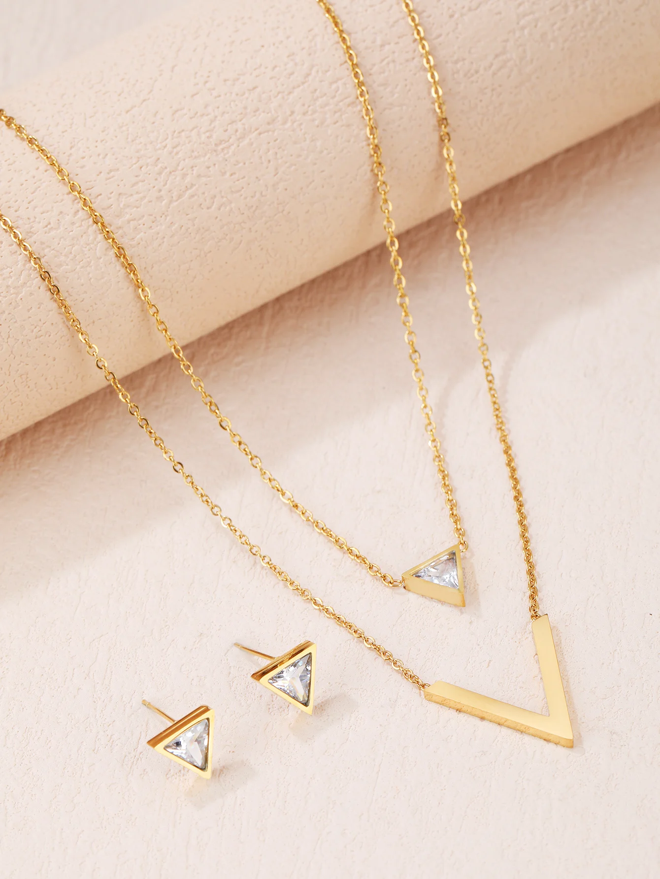 3 Piece Set Fashion Chic Ladies Triangle Zircon V-shaped Stainless Steel Double Necklace Classic Earrings Lovers Date Party Chri