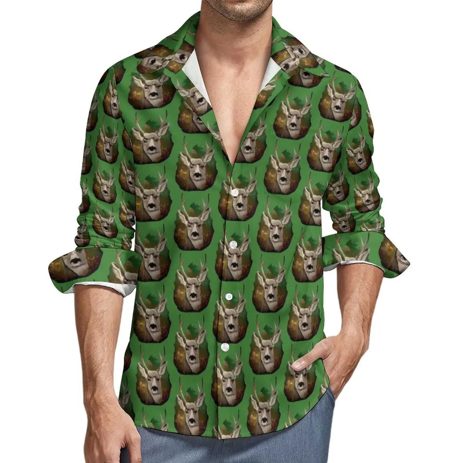 

Deer Print Casual Shirt Forest Life Retro Hawaiian Shirts Men Short Sleeve Vacation Korean Fashion Design Oversized Blouses