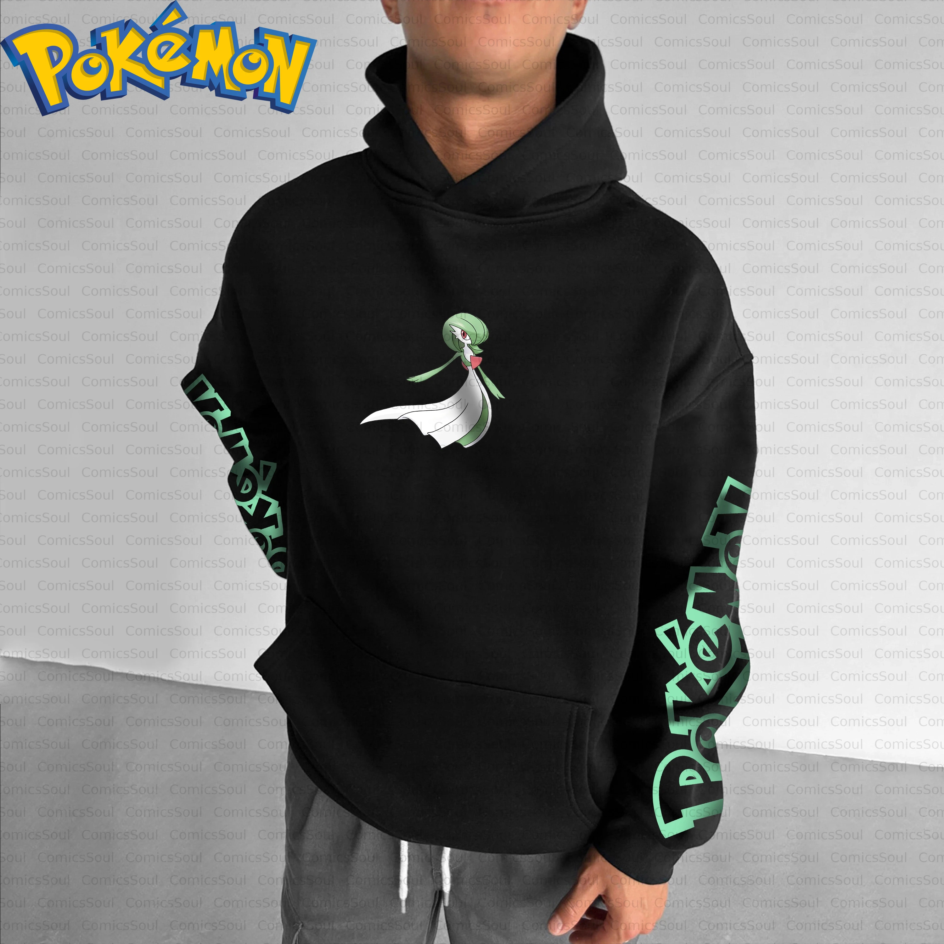 Conjunto de moletom com capuz Pokémon de algodão preto e calças Harajuku com estampa Gardevoir, efeitos azuis rosa e manga verde, design casual com logotipo