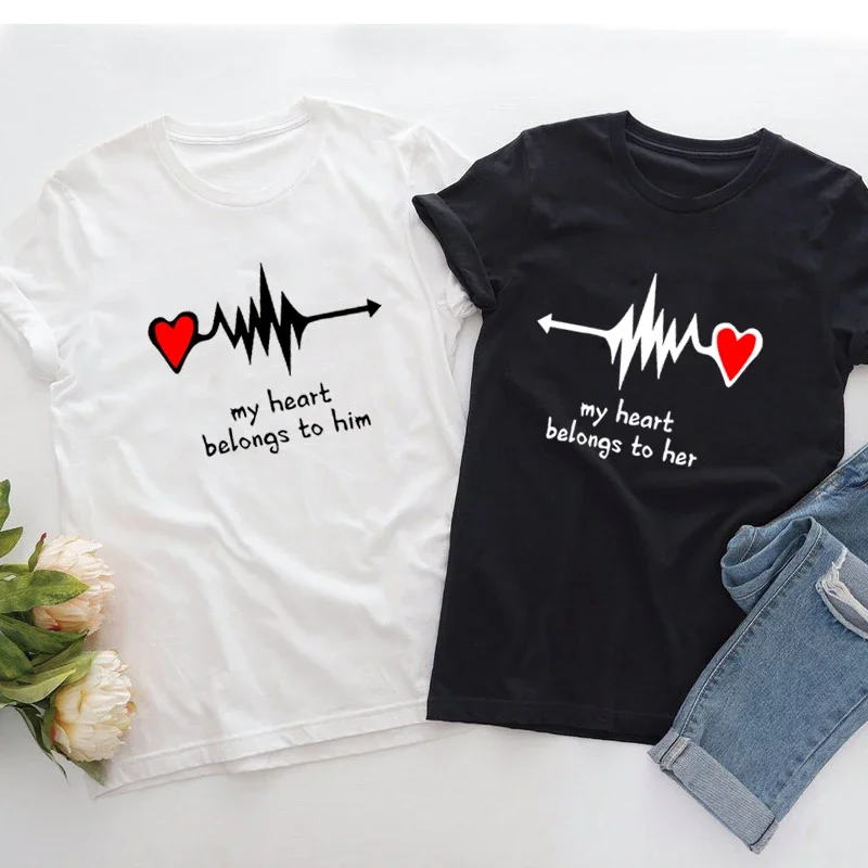 My Heart Belongs To Him Her Heartbeat Couple T Shirt Women Men Valentine's Day Tshirt Funny Family Matching Husband Wife T-Shirt