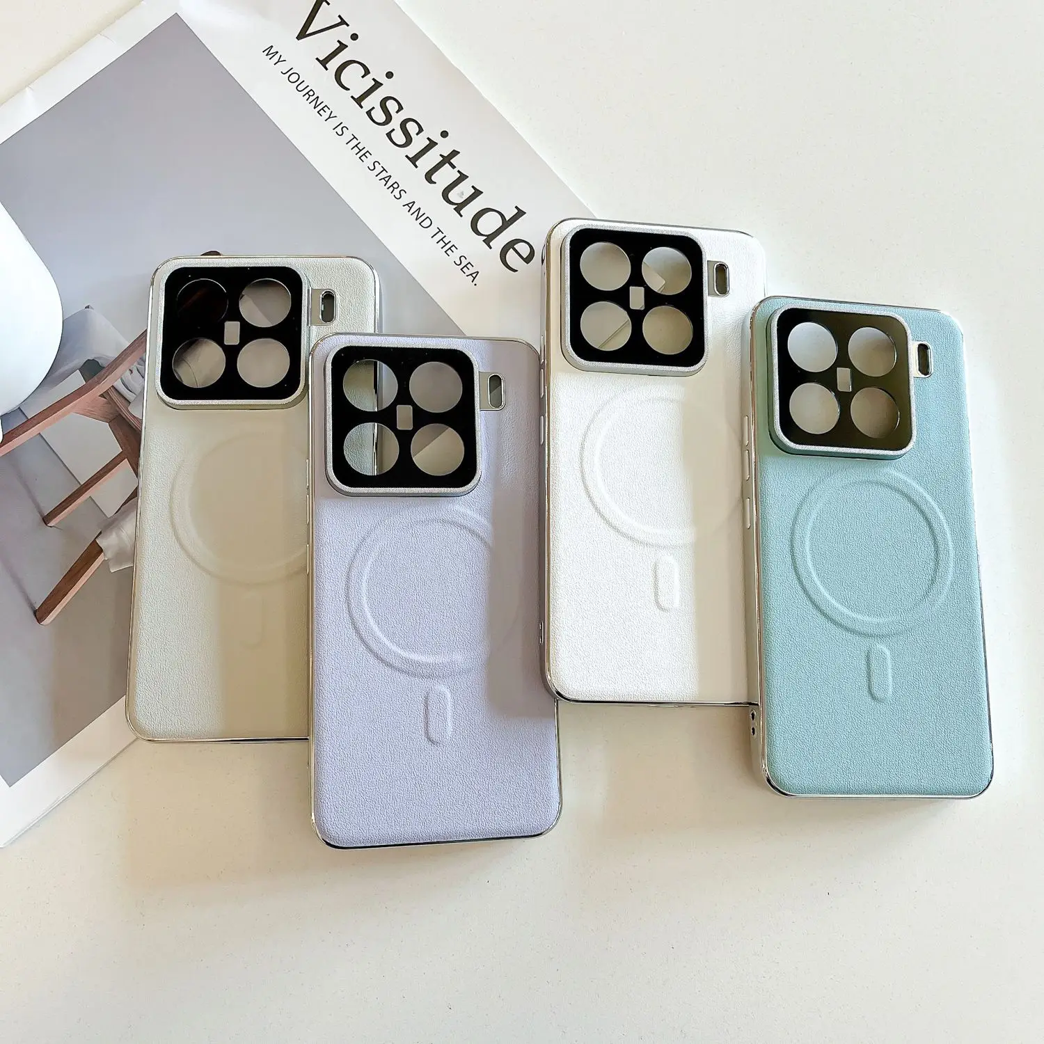 Untuk Xiaomi MI 15 14 Pro Casing Magnet Sederhana Mewah Berlapis Penutup Belakang Kulit untuk Xiaomi MI 14 15 Bumper Bingkai Kamera Logam