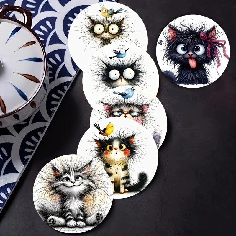 Conjunto de porta-copos de madeira 2D, 6 peças, padrão de gato preto fofo, resistente ao calor, tapetes de mesa, casa, escritório, copo de café, decoração de isolamento