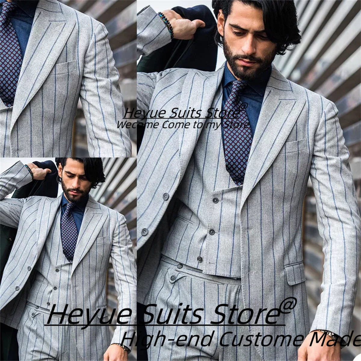 

Business Gray Stripe Men Suits Slim Fit Peak Lapel Groom Wedding Tuxedos 3 Pieces Sets Office Work Male Prom Blazers Ropa Hombre