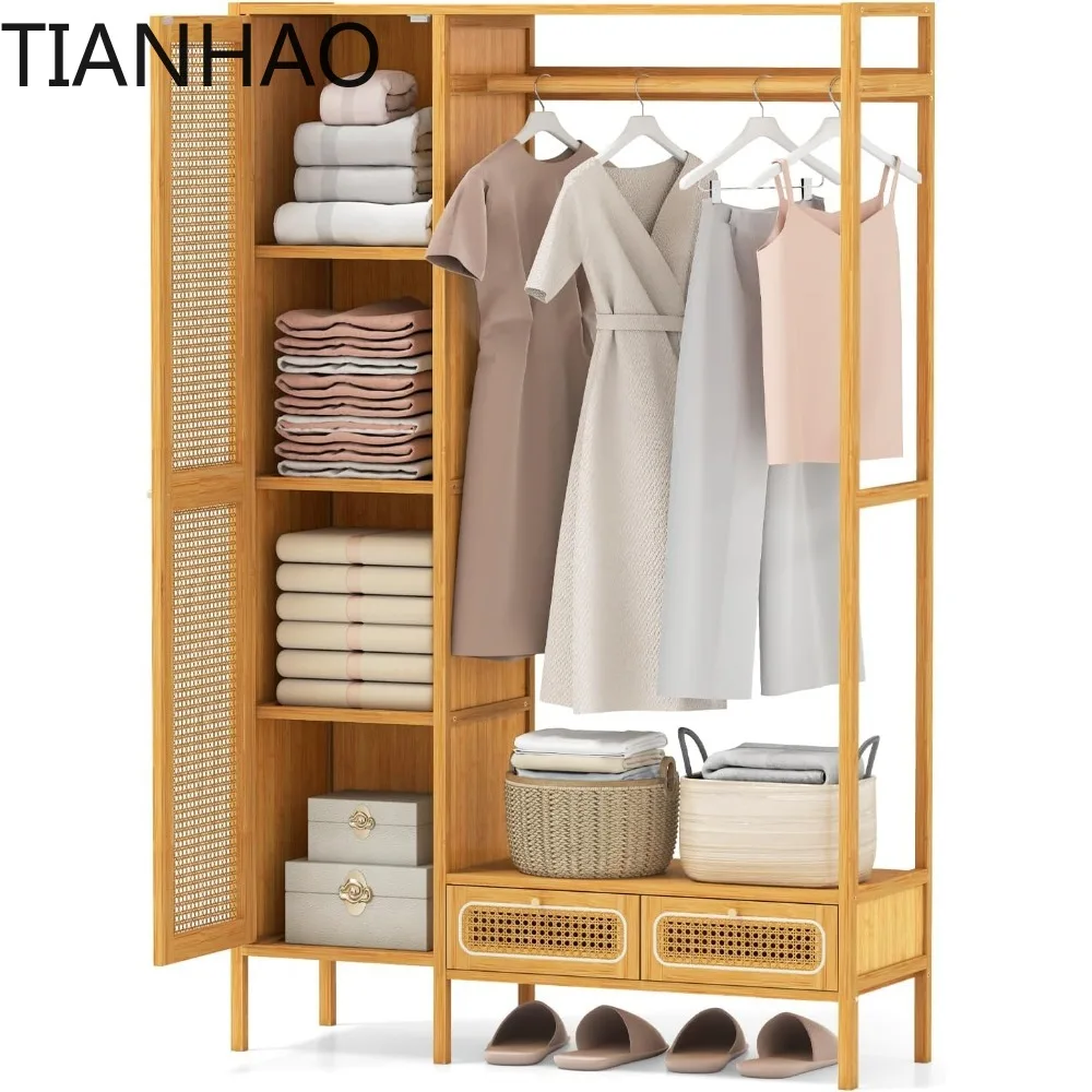 Bamboo Clothes Rack with Shelves, Freestanding Garment Rack w/Rattan Door, Hanging Rod, Storage Shelf, 2 Drawers,
