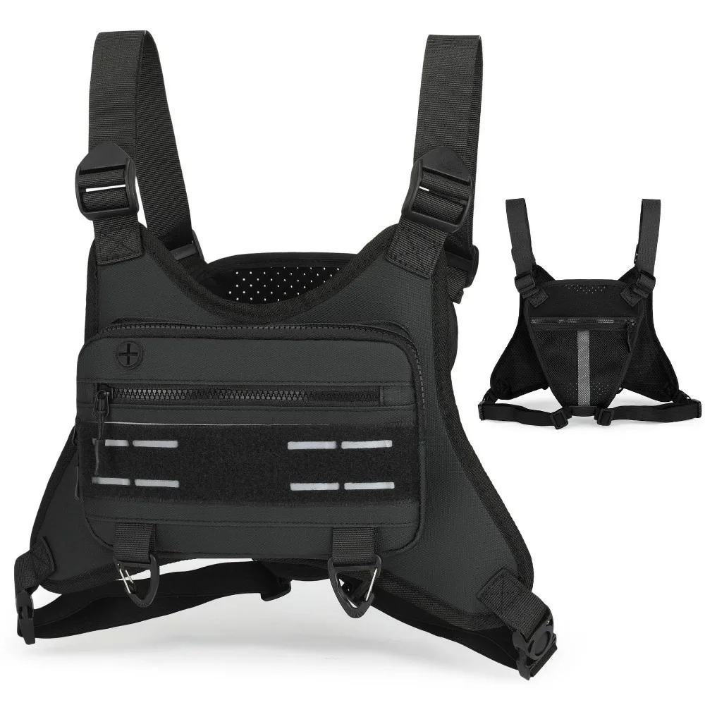 Black Sports Chest Bag Polyester Lining PVC Leather Outer Layer Front Chest Pack Reflective Detail Breathable Mesh