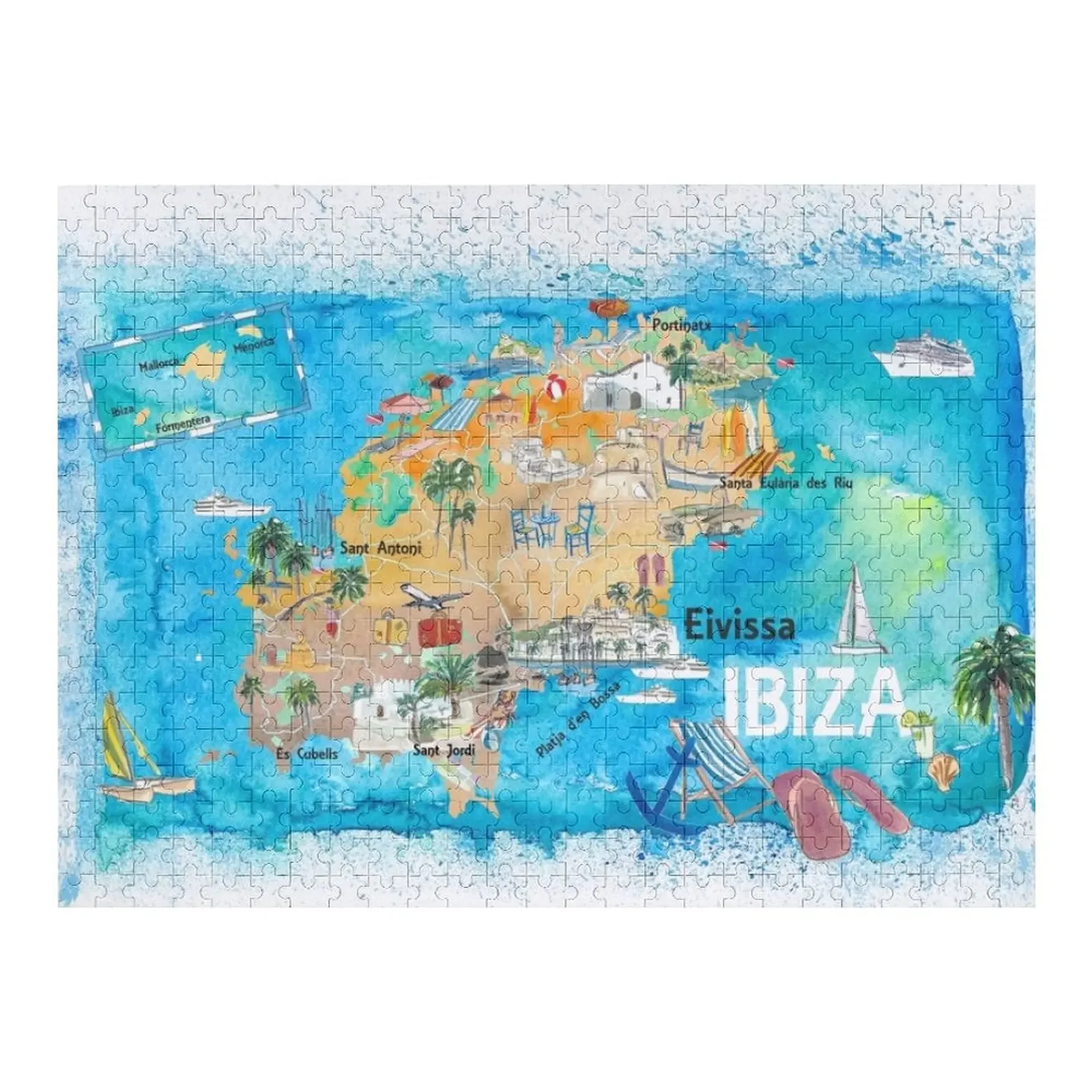 Ibiza España Mapa ilustrado con monumentos y reflejos Rompecabezas Animal de madera Rompecabezas de madera personalizado para adultos