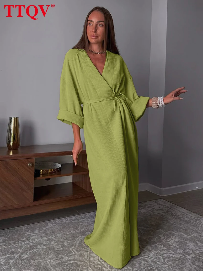 

TTQV Casual Loose Green Home Women's Dress 2026 Fashion V-Neck Long Sleeve Maxi Dresses Elegant Classic Lace-Up Female Dress
